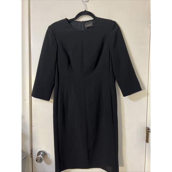A-K-R-I-S Wool Silk Size 10 Black Sheath Pleated Detail 3/4 Sleeve Dress Lined